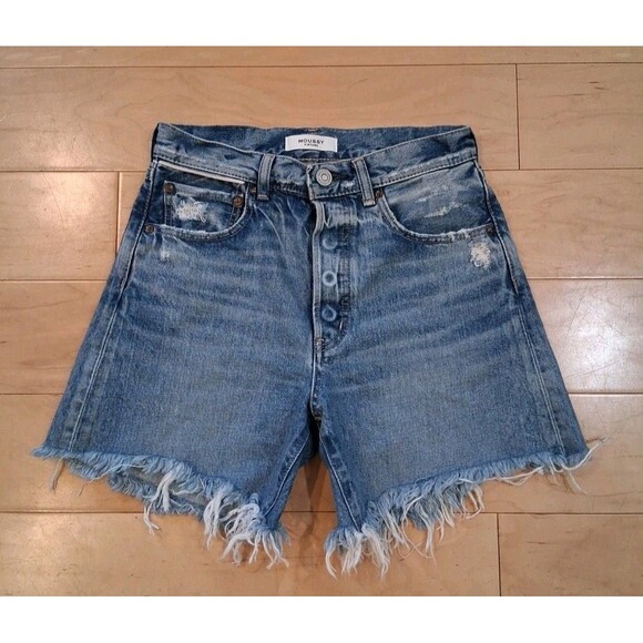 MOUSSY VINTAGE High Rise Denim Shorts Button Fly Raw Hem Distressed Size 24"x5" - Picture 1 of 9